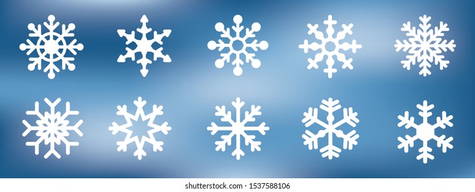 Vector set of white snowflakes icons winter ornaments on blue background.