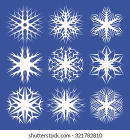 Vector set. The  white  snowflakes isolated on a blue background.