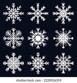 Vector set of white snowflakes on dark blue backgroung. Flat graphics.