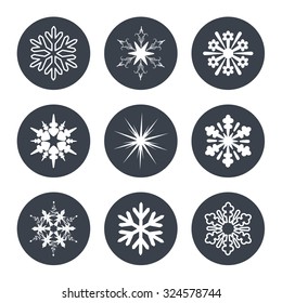 Vector set of white snowflakes on the dark circular background