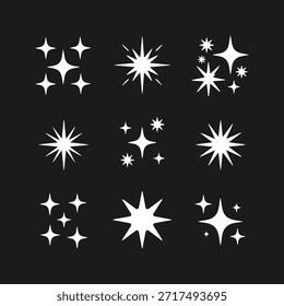 Vector set of white sparkle, shine, star, flash, and glow icons. Clean, decorative light effects for design, magic, and celebration.