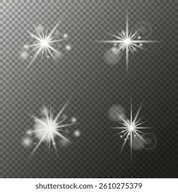 Vector Set of White Sparkling Star Light Effects, Glowing Magic Flare and Shiny Twinkle Burst Elements with Transparent Background for Overlay, Decoration, and Design Projects