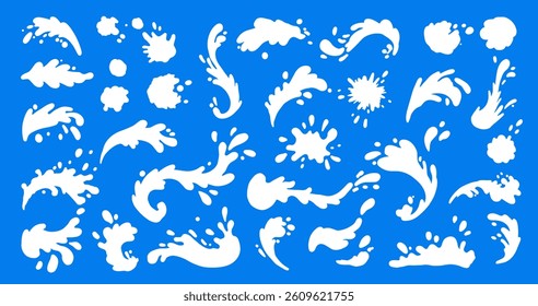 Vector set of white splash shapes and water splash effects on a bright blue background, including drops, waves, and fluid motion elements in various styles