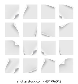 Vector set of white stickers. Paper for note, memo and notice. Sticky page with curl. Blank with shadow isolated on white background.