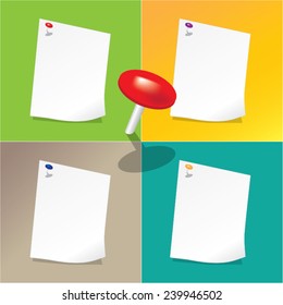 Vector set of white sticky notes with pin
