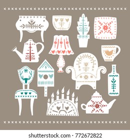 Vector set of white stylized cozy furniture decorated with colored patterns on a gray background.