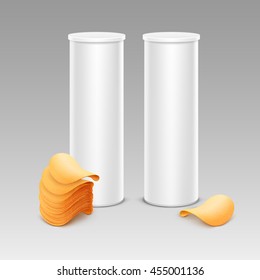 Vector Set of White Tin Box Container Tube for Package Design with Stack of Potato Crispy Chips Close up Isolated on Background