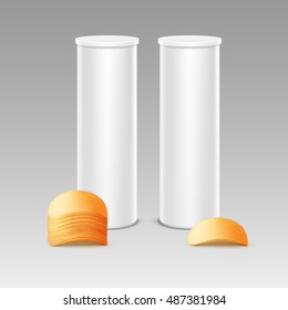 Vector Set of White Tin Box Container Tube for Package Design with Stack of Potato Crispy Chips Close up Isolated on Background