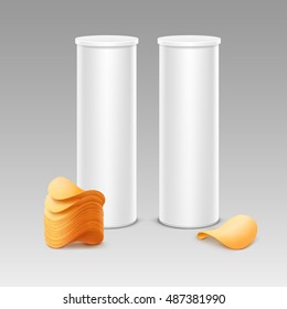 Vector Set of White Tin Box Container Tube for Package Design with Stack of Potato Crispy Chips Close up Isolated on Background