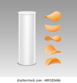 Vector Set of White Tin Box Container Tube for Package Design with Potato Ripple Crispy Chips of Different Shapes Close up Isolated on Background