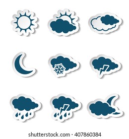 Vector set of white various stickers with dark blue weather symbols, elements of forecast  