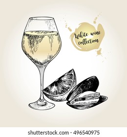 Vector set of white wine collection. Engraved vintage style. Glass, mussel and lime. Isolated on grunge background. Deorated with lettering. Use for restaurant, cafe, store, food, menu, design