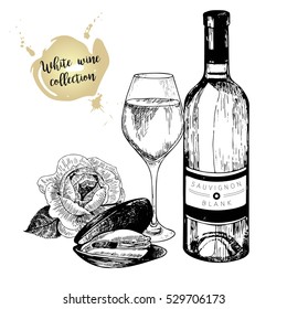 Vector set of white wine in engraved vintage style. Wine bottle, mussel, rose and glass. Isolated on white background. Decorated with lettering. Use for restaurant, cafe, store, food, menu, design.