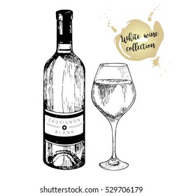 Vector set of white wine in engraved vintage style. Wine bottle and glass. Isolated on white background. Decorated with lettering and blots. Use for restaurant, cafe, store, food, menu, design.