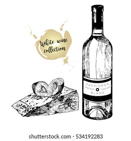 Vector set of white wine in engraved vintage style. Wine bottle, plum and cheese slice. Isolated on white background. Decorated with lettering. Use for restaurant, cafe, store, food, menu, design.
