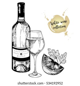 Vector set of white wine in engraved vintage style. Wine bottle, glass, lime and parsley. Isolated on white background. Decorated with lettering. Use for restaurant, cafe, store, food, menu, design.