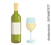 Vector set of white wine, isolated illustration of glass and bottle with white wine, alcoholic drink in flat style, bar menu design