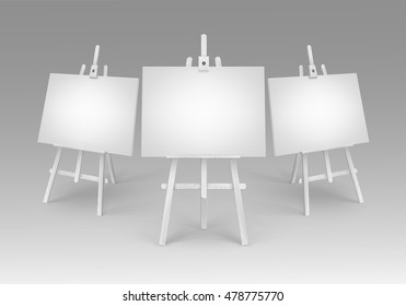 Vector Set of White Wooden Easels with Mock Up Empty Blank Canvases Isolated on Background
