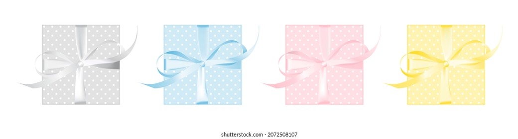 Vector set of white, yellow, blue, pink gift boxes with different color ribbons. Realistic giftbox in front view.