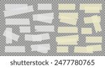 Vector set of white and yellow transparent adhesive tape. Duct tape strip. Torn pieces of masking tape isolated on transparent background. 