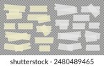 Vector set of white and yellow transparent adhesive tape. Duct tape strip. Torn pieces of masking tape isolated on transparent background. 