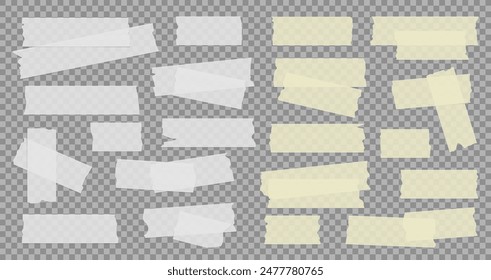 Vector set of white and yellow transparent adhesive tape. Duct tape strip. Torn pieces of masking tape isolated on transparent background. 