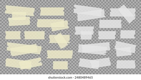 Vector set of white and yellow transparent adhesive tape. Duct tape strip. Torn pieces of masking tape isolated on transparent background. 