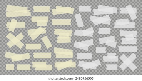 Vector set of white and yellow transparent adhesive tape. Duct tape strip. Torn pieces of masking tape isolated on transparent background. 