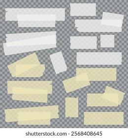 Vector set of white and yellow transparent adhesive tape. Torn pieces of masking tape isolated on transparent background.