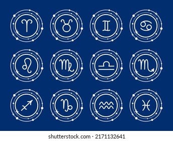 Vector set of white zodiac signs on a blue background