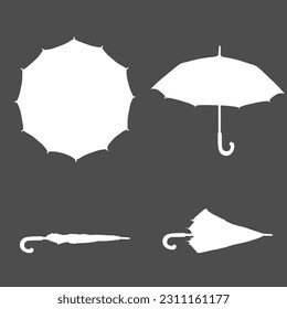 Conjunto vectorial de paraguas de silueta blanca. Vista y variación diferentes