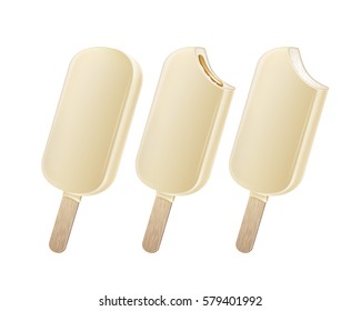 Vector Set of Whole Bitten Popsicle Choc-ice Lollipop Ice Cream in White Chocolate Glaze on Stick with Filling Close up Isolated on White Background