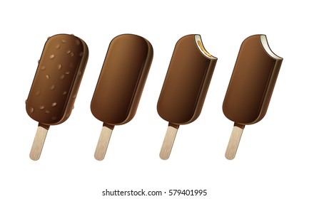 Vector Set of Whole Bitten Popsicle Choc-ice Lollipop Ice Cream in Chocolate Glaze on Stick with Filling Close up Isolated on Background