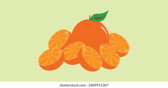 conjunto vectorial de frutas enteras, medias, cortadas de naranja fresco aisladas en el fondo verde del té. mandarinas y hojas, comida vegana al estilo de las caricaturas de moda. concepto de comida saludable.