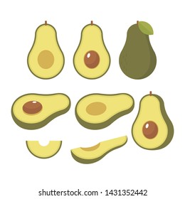 Vector set of whole and sliced avocado fruit isolated on a white background, Whole and cut in half avocado