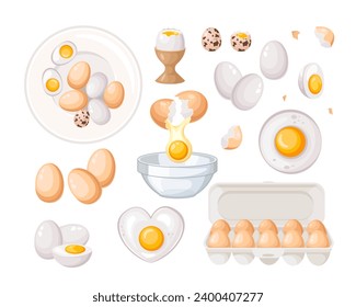 Vector set of whole and sliced chicken eggs, broken eggs, fried eggs of various shapes, a cardboard box with raw eggs. Ingredients for baking and cooking. Vector illustration in a flat style