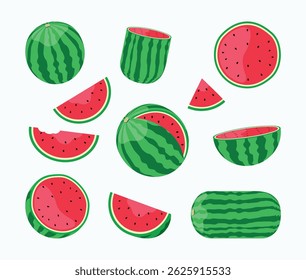 Vector set of whole and sliced watermelons in various angles. Bright red and green summer fruit illustrations on a white background, great for food, summer, or healthy lifestyle designs.