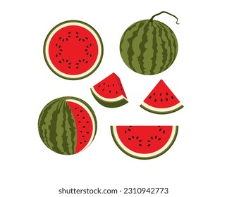 Vector set of whole and slices watermelon fruit isolated.Vector slice watermelon.  