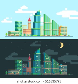 Vector set of wide panoramas of the urban landscape in the day and night