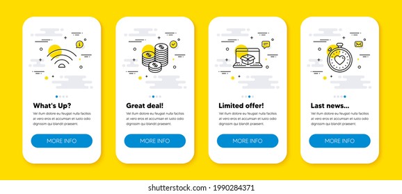 Vector set of Wifi, Online delivery and Coins line icons set. UI phone app screens with line icons. Heartbeat timer icon. Wi-fi internet, Parcel tracking website, Cash money. Love stopwatch. Vector
