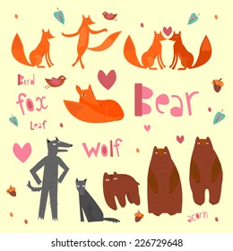 Vector set with wild animals and birds on a pale yellow background with polka dots, with hearts, with acorns, with leaves.