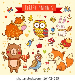 Vector set of  wild animals in the forest: bear, fox, hedgehog, rabbit, owl, bird, yak, quail