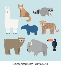 Vector set Wild animals icons. Lama, raccoon, tapir, grizzly bear, coyote, buffalo, cockatoos and jaguar. North and South America. Flat style character.