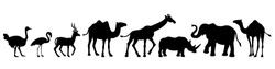 Vector set of wild animals isolated on white background. African animal silhouettes set. Camel, elephant, Gazelle, Rhino, ostrich, Flamingo, dromedary, camel, giraffe, Camelus dromedarius, Camelidae