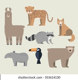 Vector set Wild animals. Lama, raccoon, tapir, grizzly bear, coyote, cockatoos and jaguar. North and South America. Flat style character.