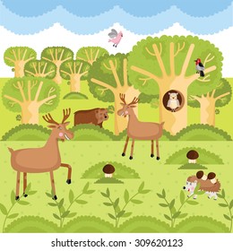 Vector set of wild animals on the forest. Deer, beer, owl and other animals.