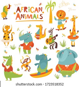 Vector set of Wild cartoon animals of Africa. Bundle of cute cartoon animals characters isolated on white background. Set of colorful vector illustrations in flat cartoon style.