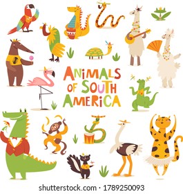 Vector set of Wild cartoon animals of South America. Bundle of cute cartoon animals characters isolated on white background. Set of colorful vector illustrations in flat cartoon style.