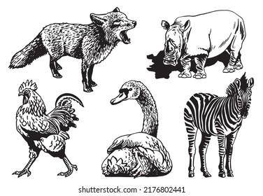 Vector set of wild and domestic animals isolated on white, graphical drawing