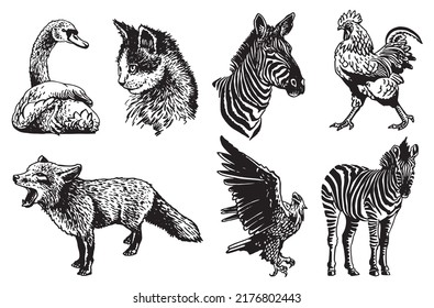 Vector set of wild and domestic animals isolated on white, graphical drawing